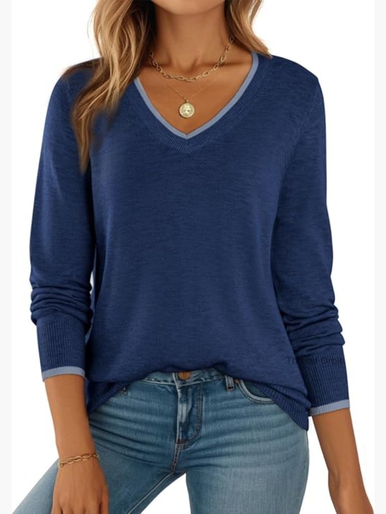 Lightweight Wool Pullover Sweater V-Neck Long Sleeve Ribbed Casual